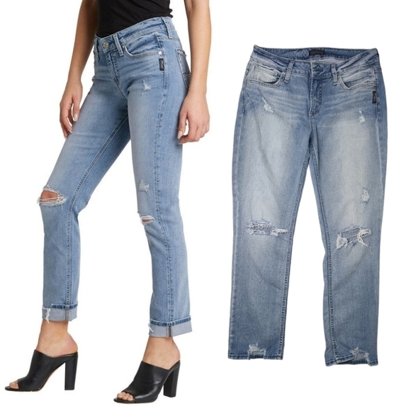 Silver Jeans Denim - Silver Avery Straight High Rise Crop Distressed Light Wash Jean Size 30